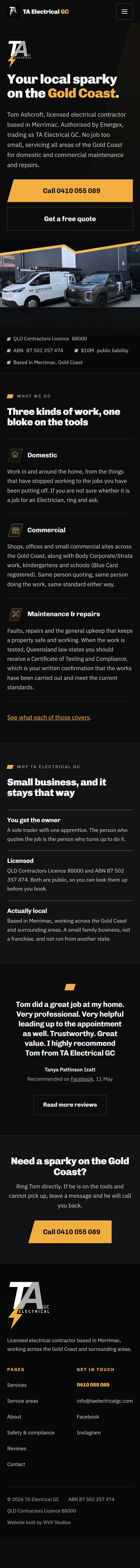The TA Electrical GC homepage, scrolling from the hero through the kinds of work, the licence and insurance details, a customer review and the call to action.