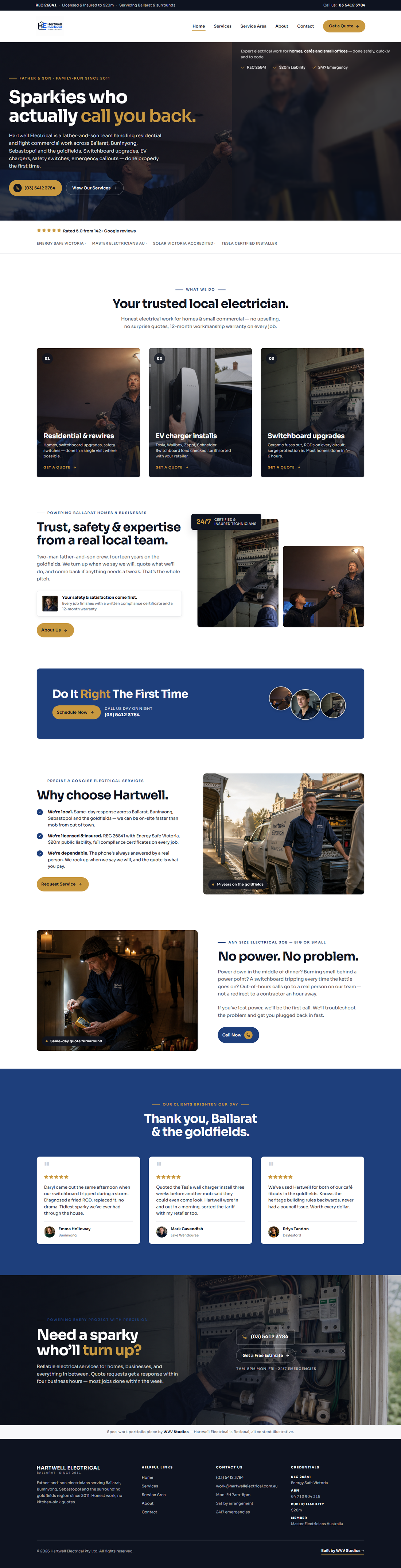 Full Hartwell Electrical desktop home page: amber-on-charcoal hero, services grid, service-area map, testimonials, and a lead-capture contact form.