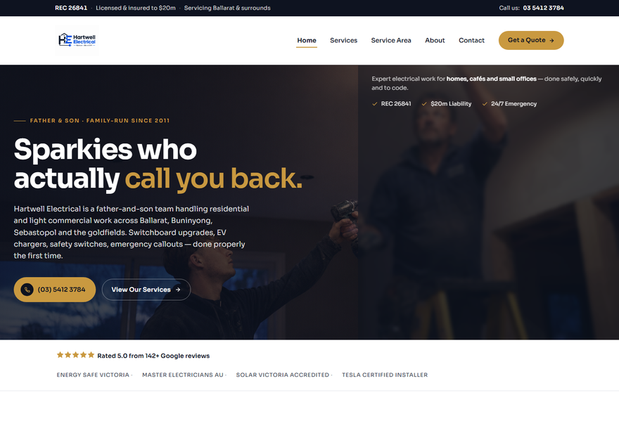 Hartwell Electrical home page — amber-on-charcoal trade site, ‘Sparkies who actually call you back’.