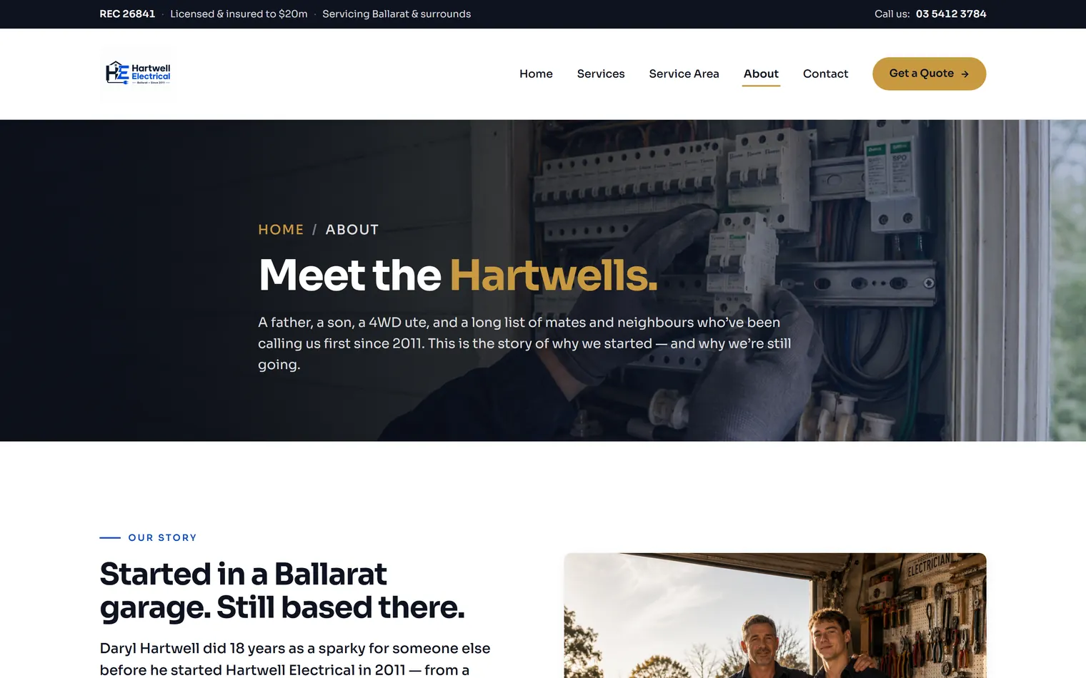 The about page, headline reading Meet the Hartwells, with a photograph of the two electricians