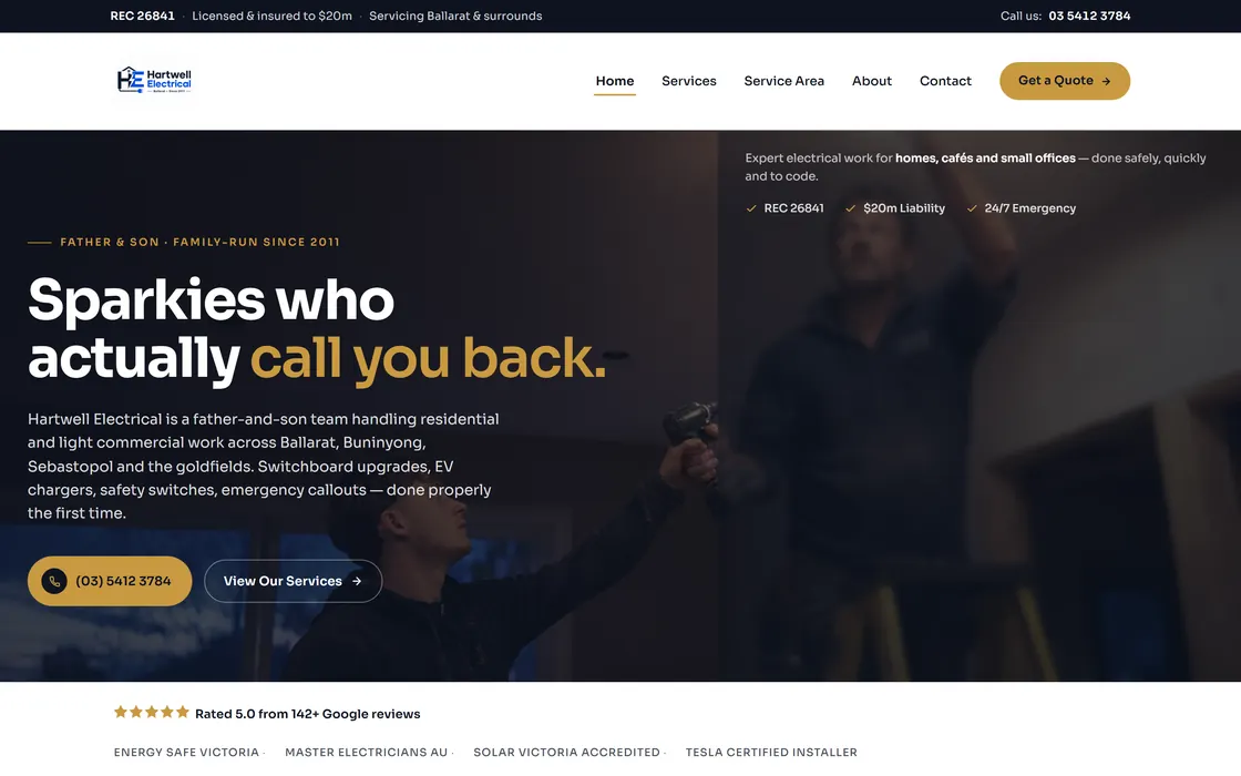 The Hartwell Electrical home page, headline reading Sparkies who actually call you back