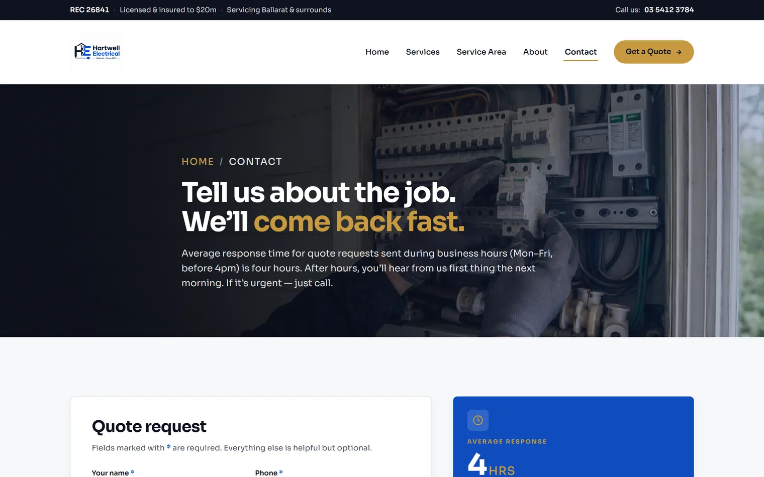 The contact page with a quote request form and a four hour response promise