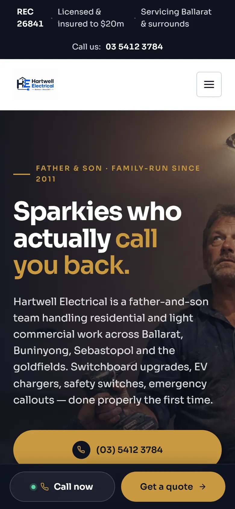 The Hartwell home page on a phone, with call and quote buttons under the headline