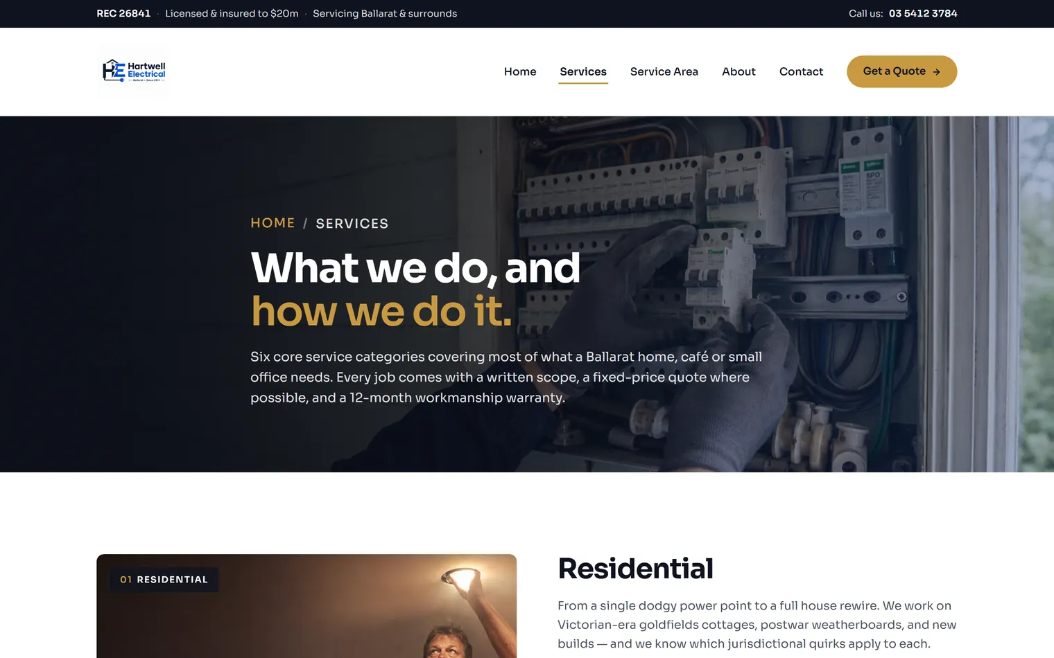 The services page, with numbered service categories each carrying their own photograph and copy