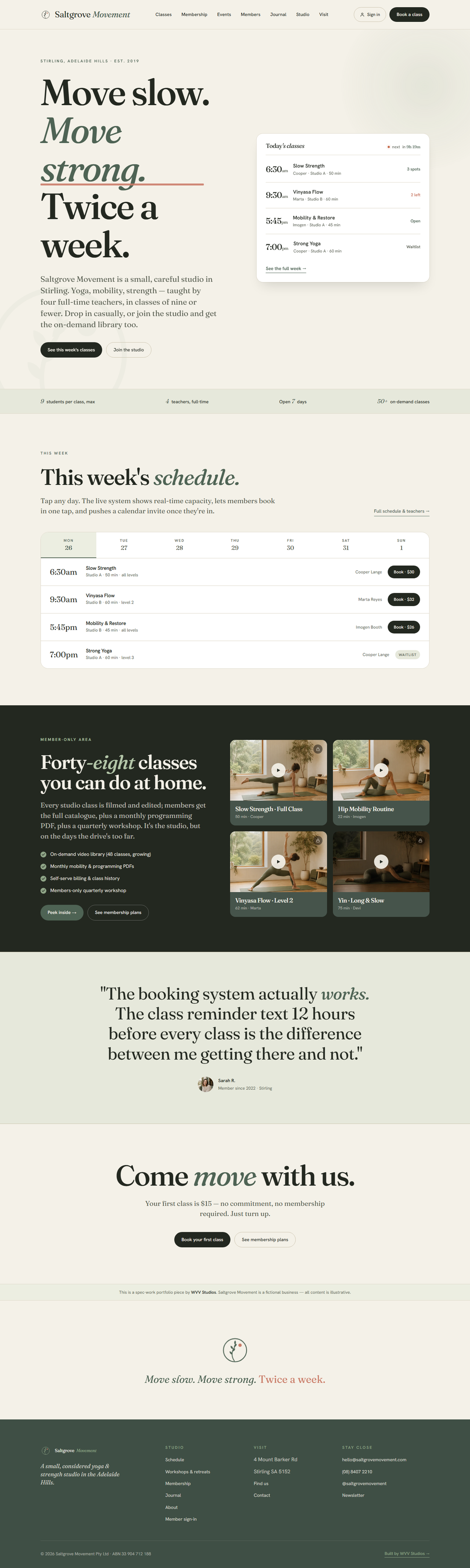 Full Saltgrove Movement desktop home page: cream-and-sage hero with a live today's-classes card, feature cards, a schedule with day tabs, and a dark members on-demand block.