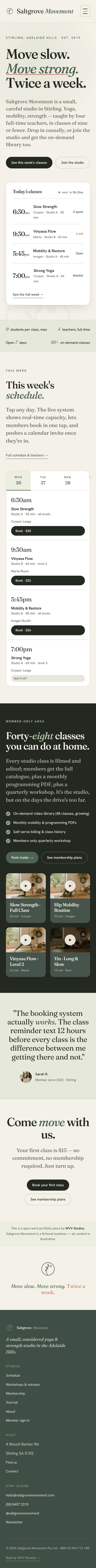 Saltgrove Movement mobile home page with the today's-classes card stacked under the headline.