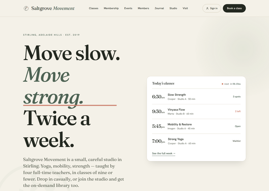 Saltgrove Movement home page — sage-and-cream wellness studio, ‘Move slow. Move strong. Twice a week’.