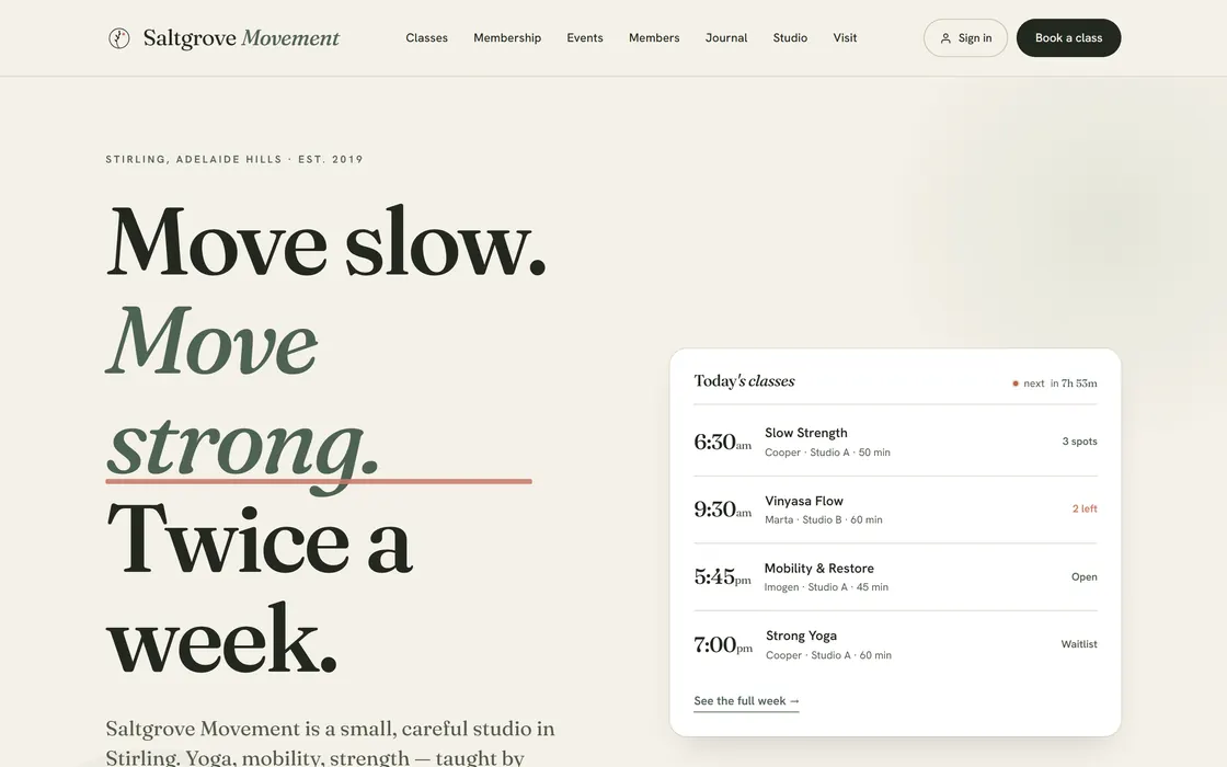 The Saltgrove Movement home page, headline reading Move slow. Move strong.