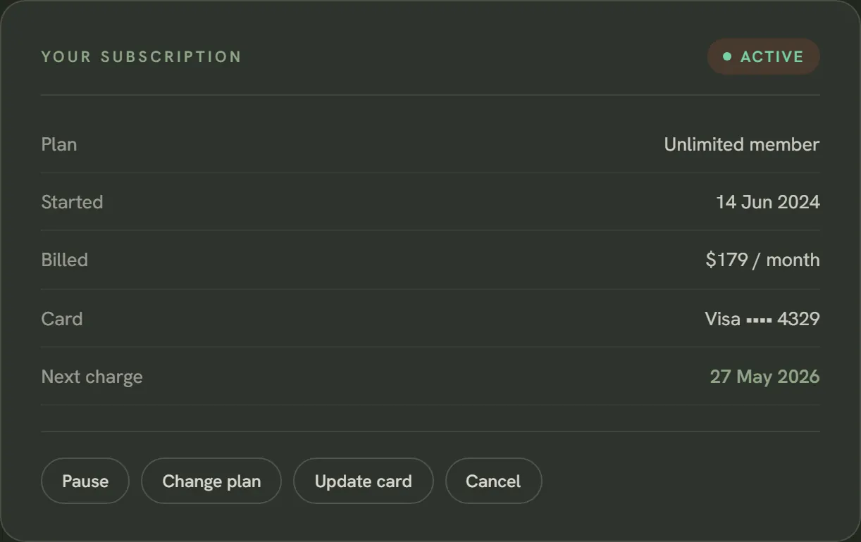 A subscription panel showing plan, start date, amount, card and next charge with pause, change, update and cancel buttons