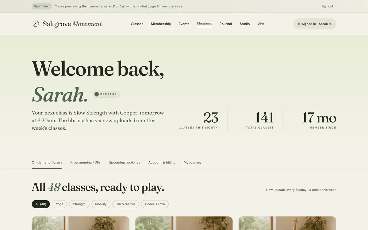 The logged-in member dashboard with class counts and an on-demand library