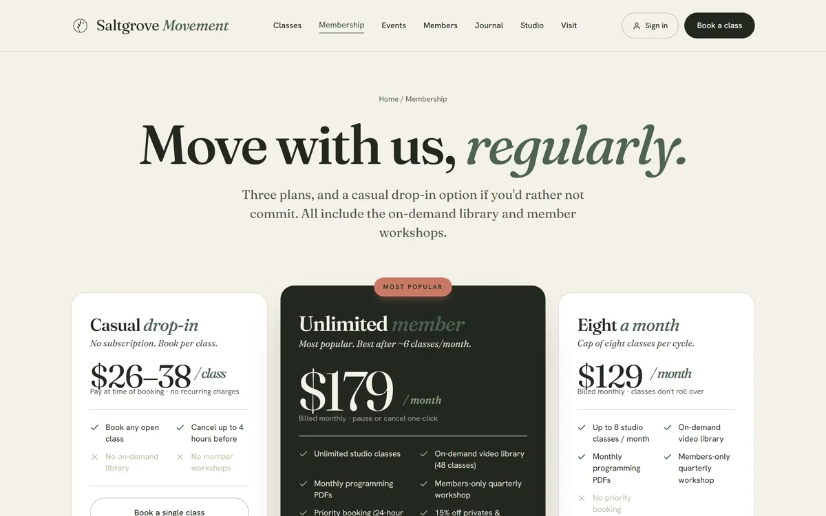 The membership page showing drop-in, unlimited and eight-a-month plans priced together