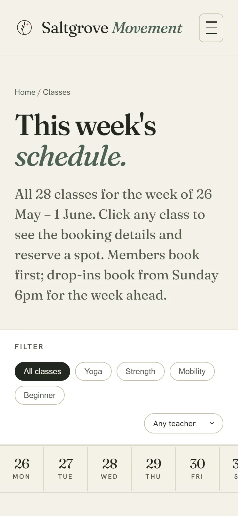 The class schedule on a phone with filter chips and day tabs