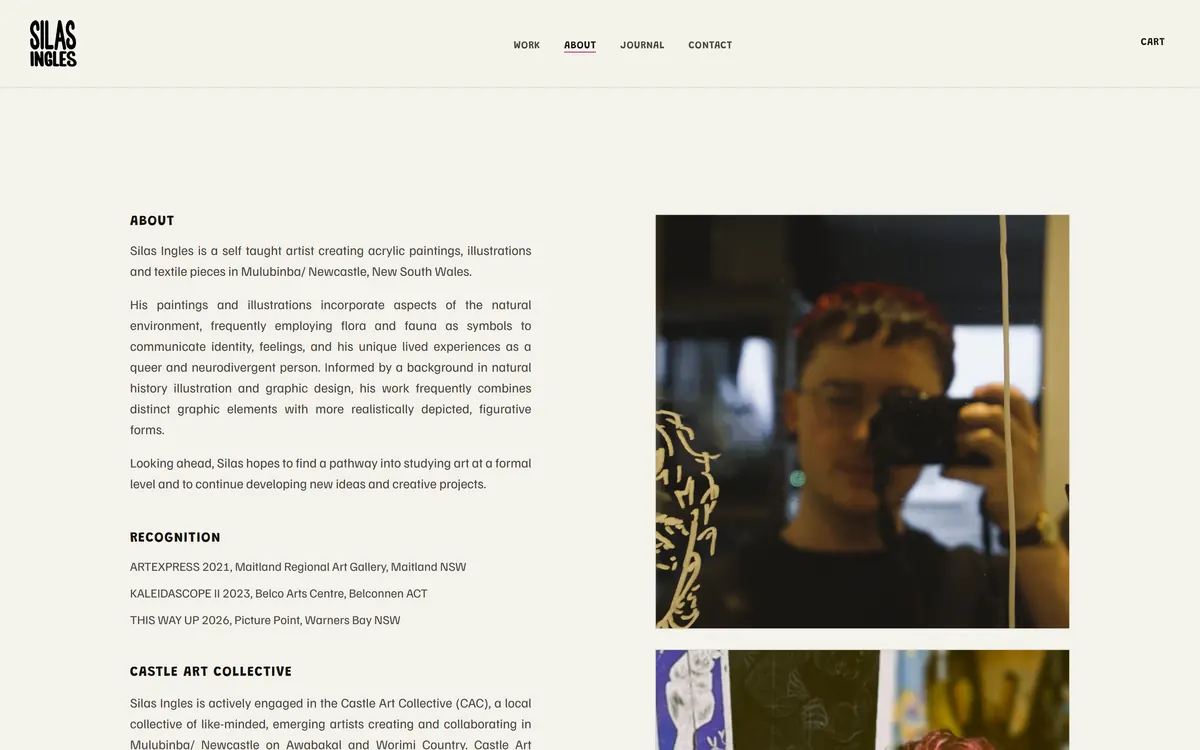 The About page: a single column of biography beside the artist's own photograph
