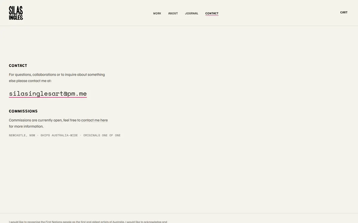 The contact page: an email address and a short note about commissions