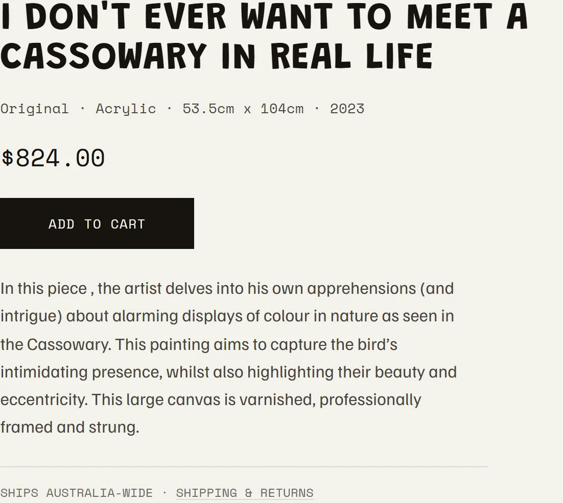The information column of a product page: medium, dimensions, year, price, add to cart, and the artist's description