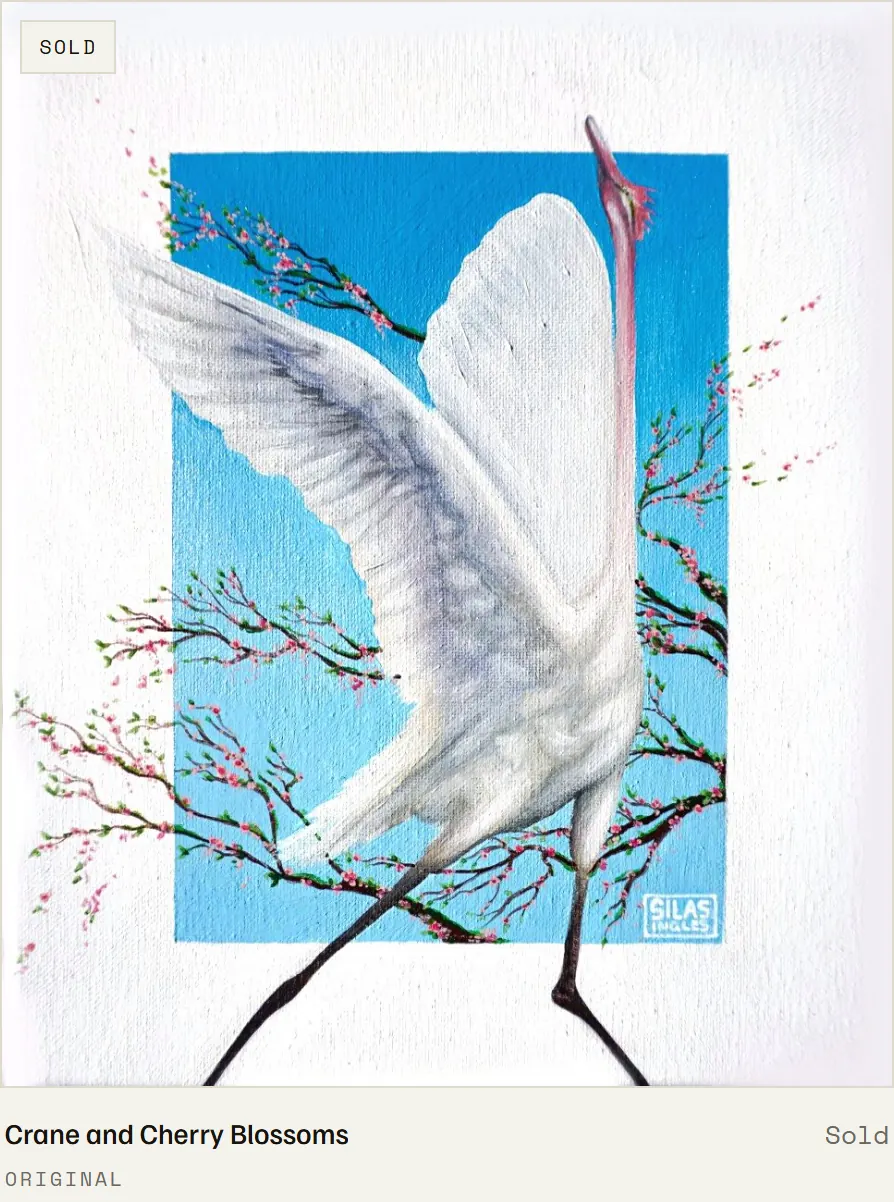 A gallery tile with a Sold stamp over the painting and the word Sold where the price sits