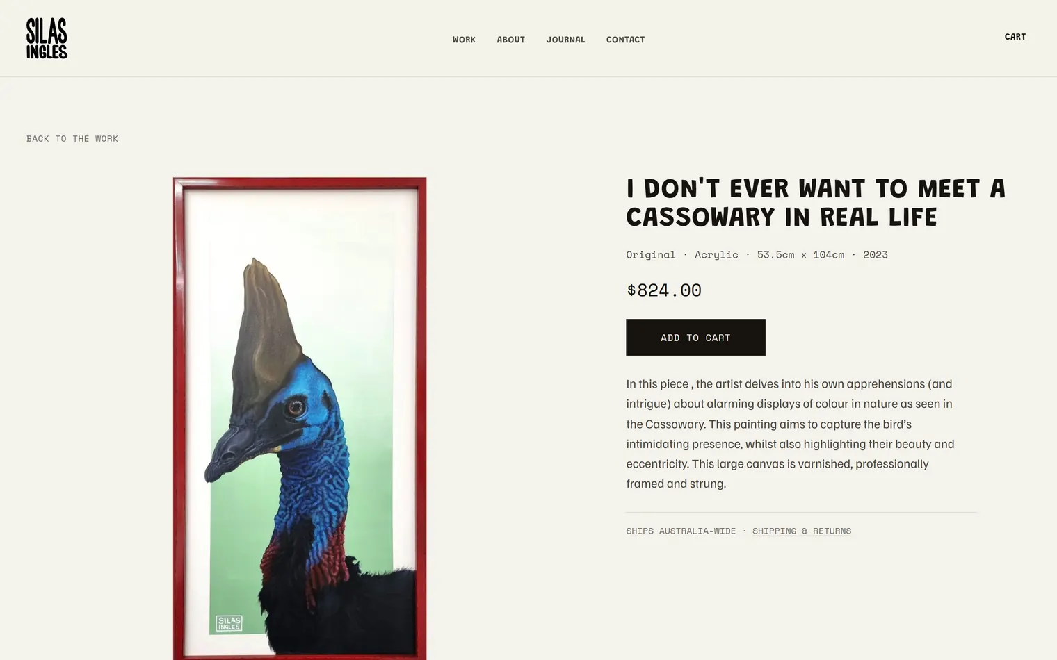 A product page showing a tall cassowary painting beside its price and description