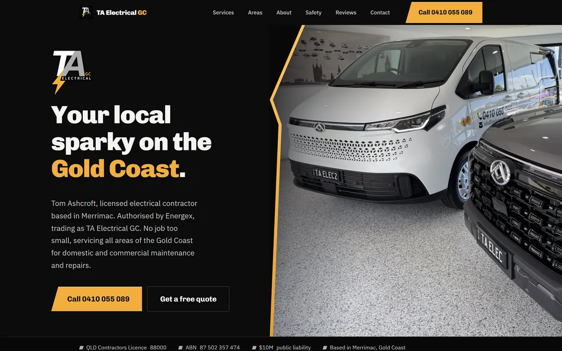 The TA Electrical GC home page, headline reading Your local sparky on the Gold Coast beside two signwritten work vehicles