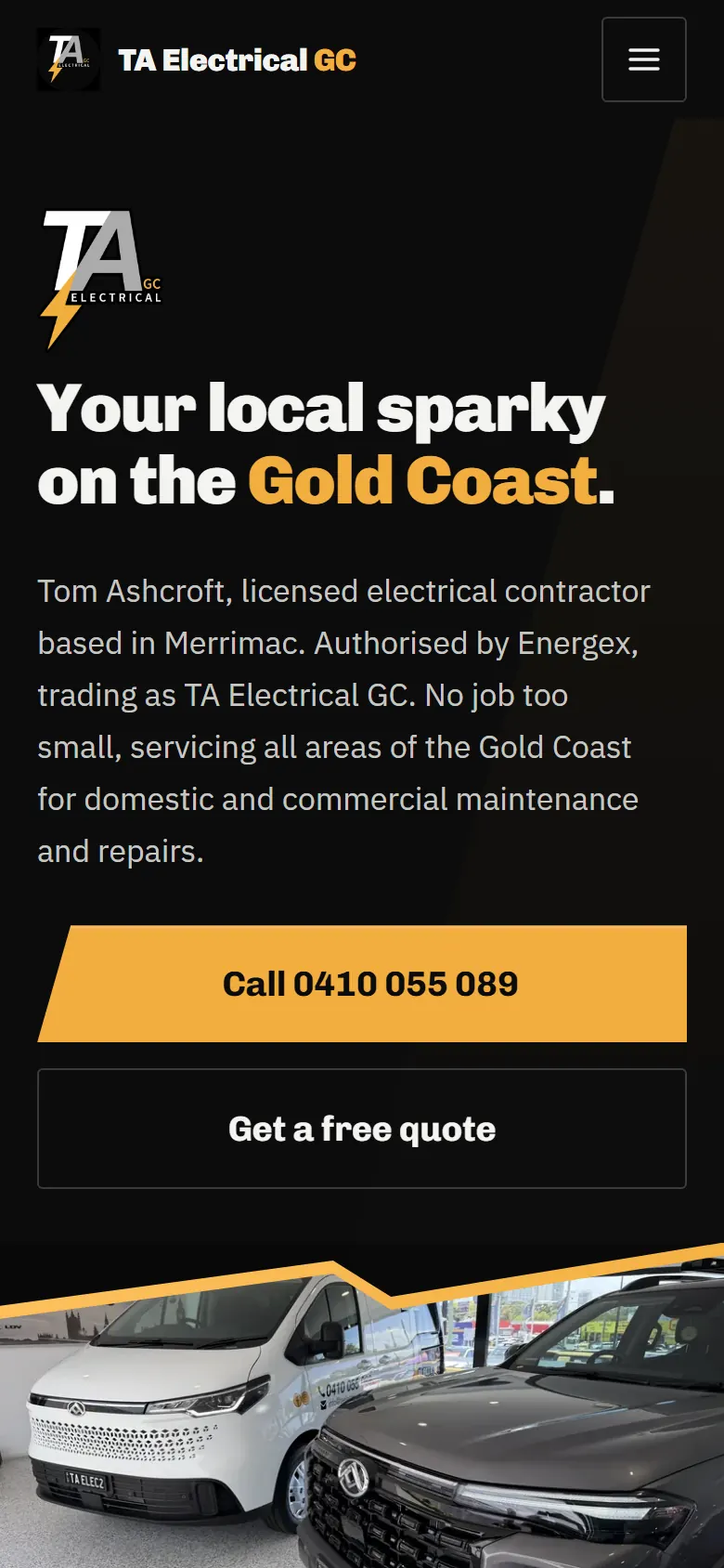 The TA Electrical GC home page on a phone: the logo, the headline, the call and quote buttons stacked, and the two work vehicles in a full-width band with a lightning-bolt edge cut across its top