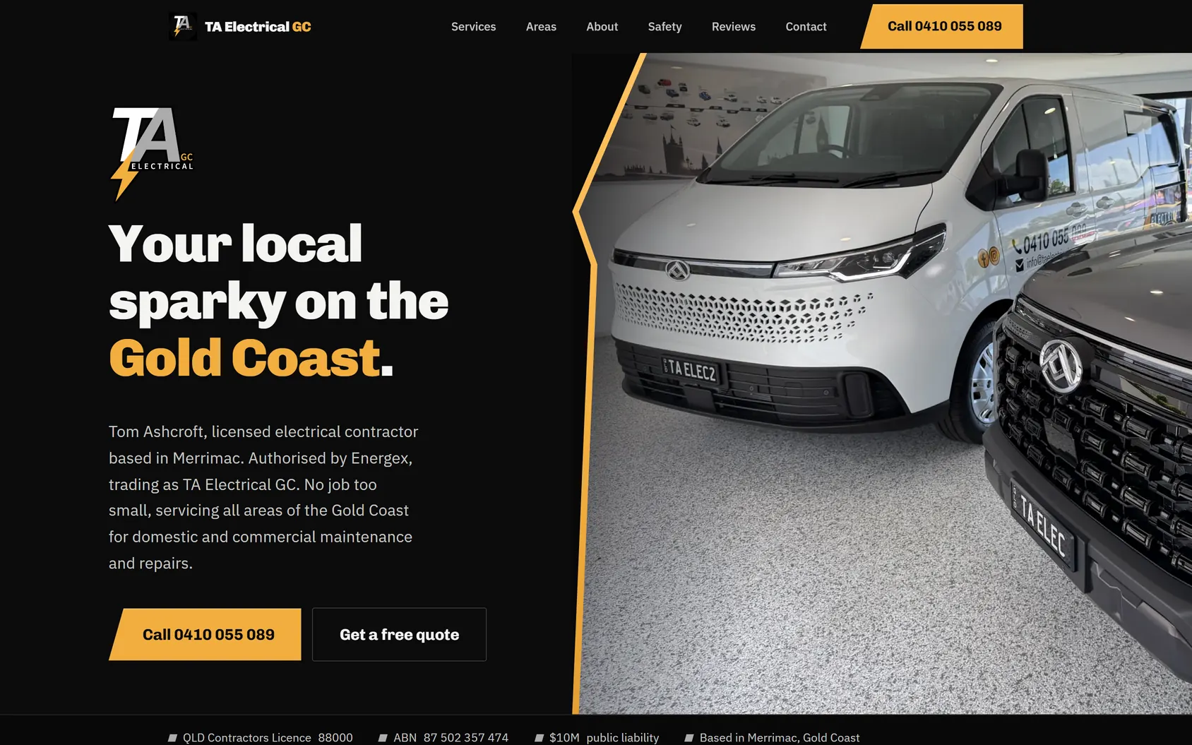 The same home page at desktop width: a logo lockup, the headline reading Your local sparky on the Gold Coast, call and quote buttons, and a right-hand panel holding two signwritten work vehicles behind a four-point lightning-bolt edge