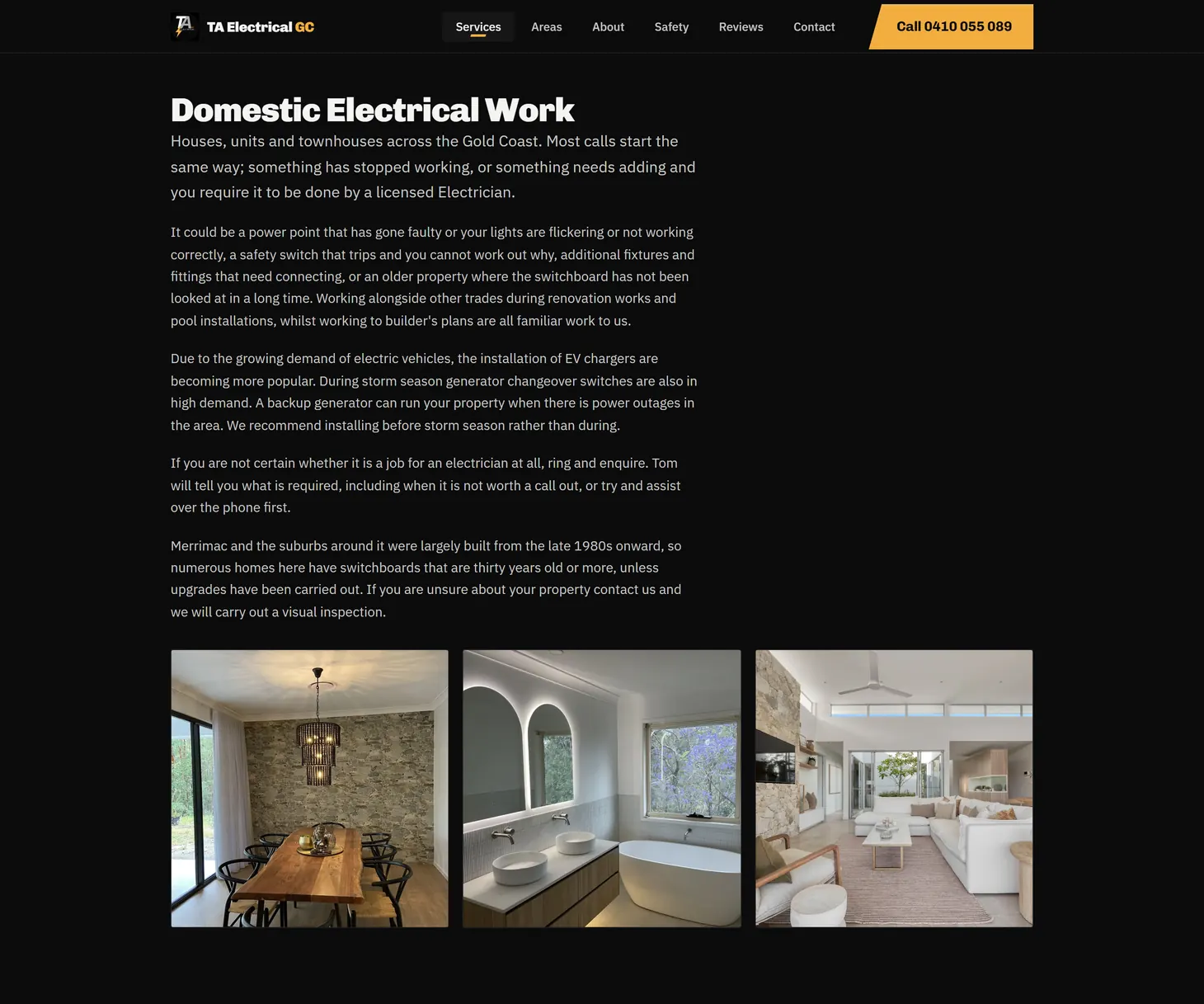 The services page showing three square photographs under the Domestic Electrical Work heading: a pendant chandelier over a timber dining table, a backlit bathroom, and an open-plan living room