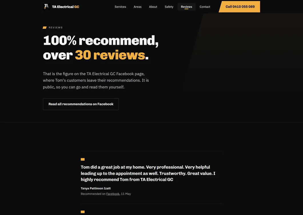 The reviews page, headline reading 100% recommend, over 30 reviews, with a button out to Facebook and customer recommendations printed underneath