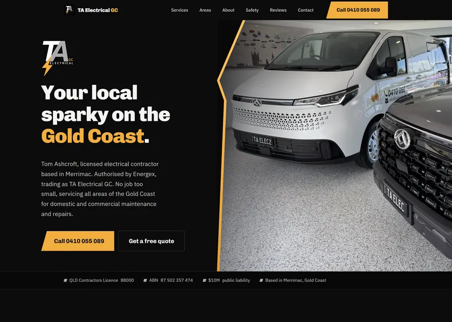The TA Electrical GC home page, headline and vehicle panel together