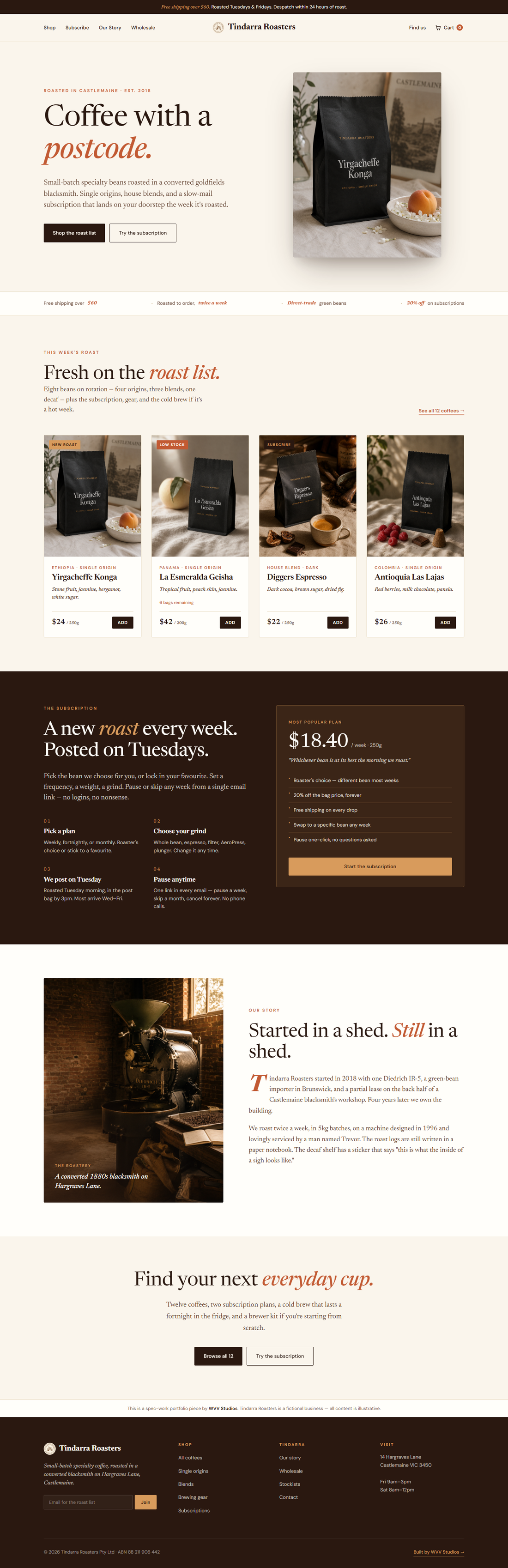 Full Tindarra Roasters desktop home page: cream-and-espresso hero with a product photograph, the roast list, the subscription pitch, and shop footer.