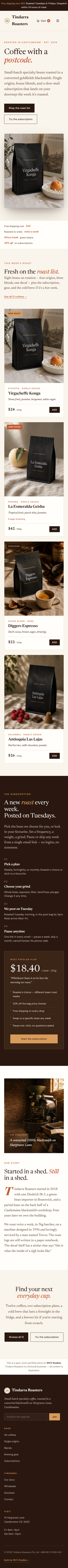 Tindarra Roasters mobile home page with stacked product cards and a cart button.