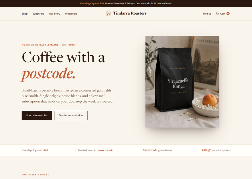 Tindarra Roasters home page — cream-and-espresso coffee shop, ‘Coffee with a postcode’.