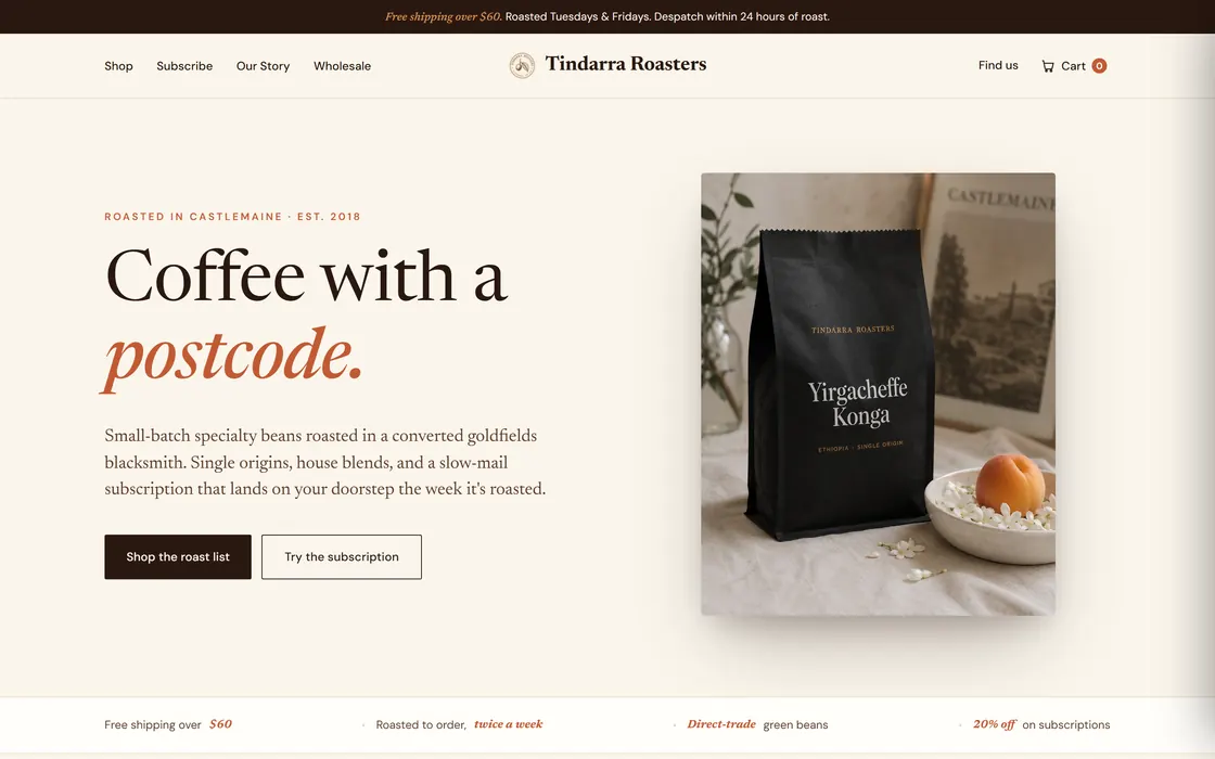 The Tindarra Roasters home page, headline reading Coffee with a postcode