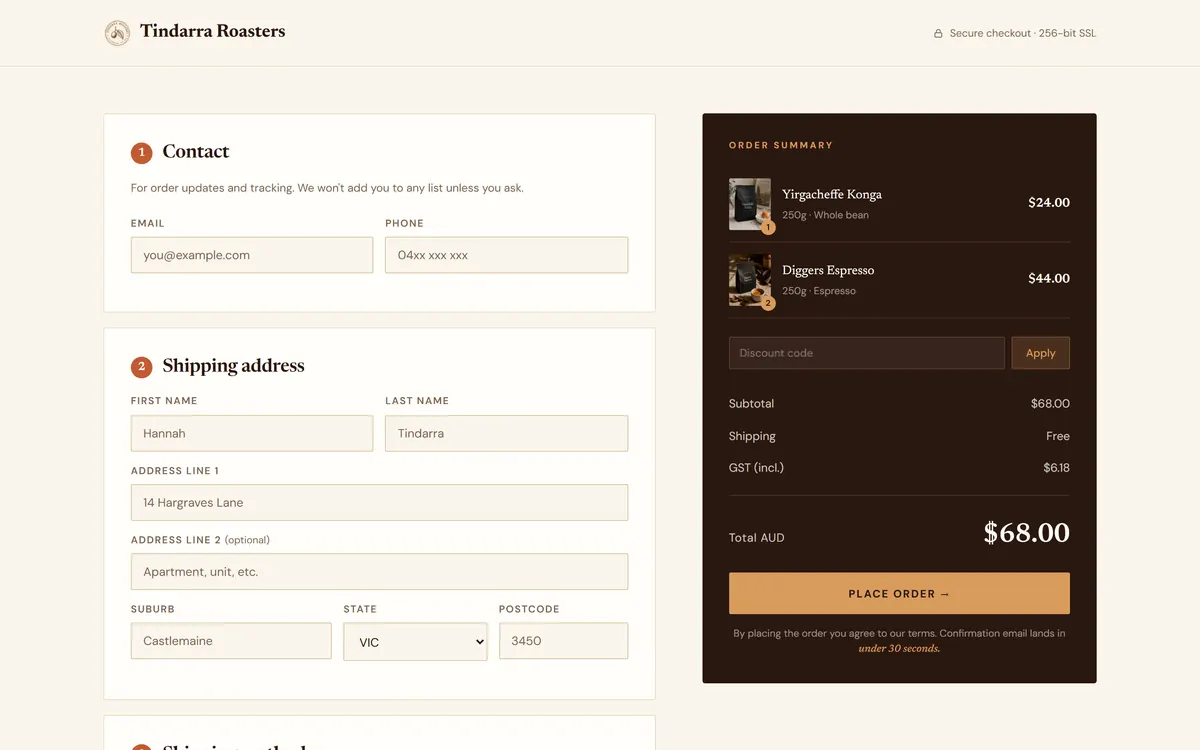 The checkout: contact and shipping fields beside an order summary showing subtotal, free shipping and included GST