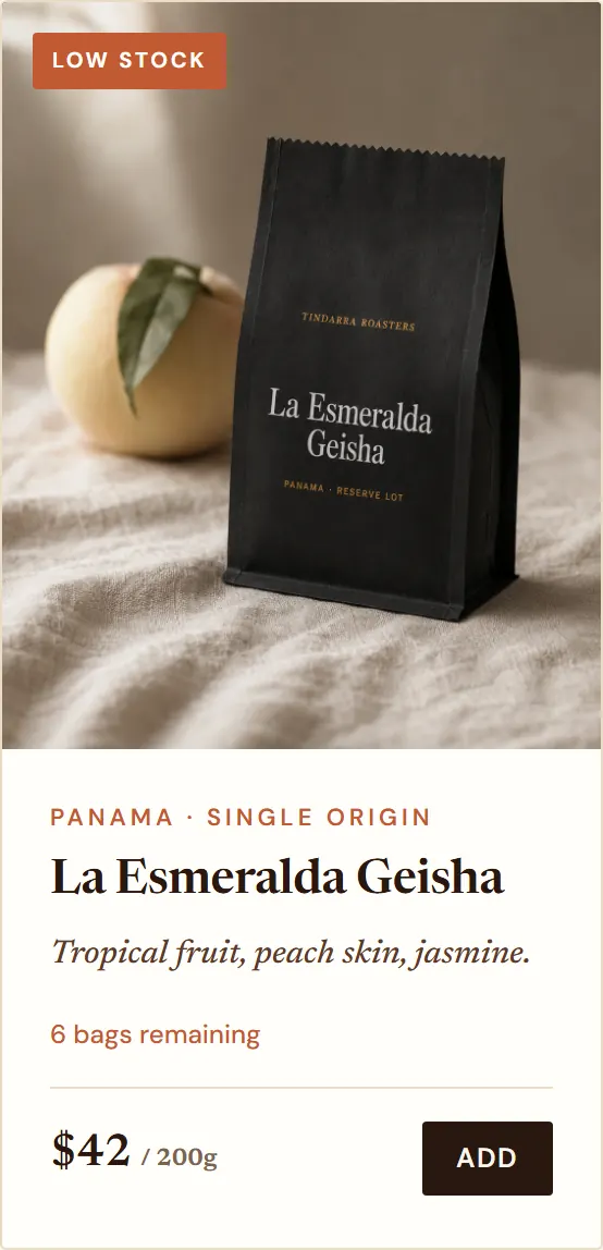 A product card for La Esmeralda Geisha marked low stock, six bags remaining, $42 for 200g