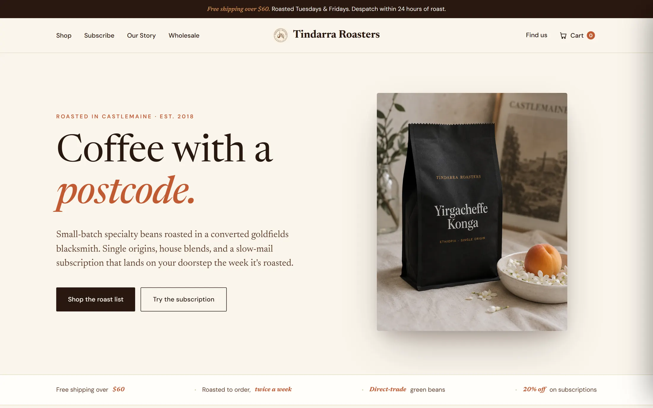 The Tindarra Roasters home page, headline reading Coffee with a postcode