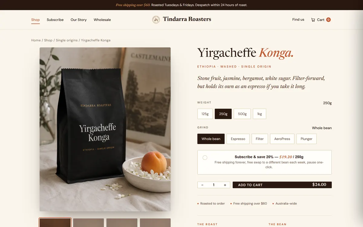 A product page with weight and grind selectors and a subscribe and save option