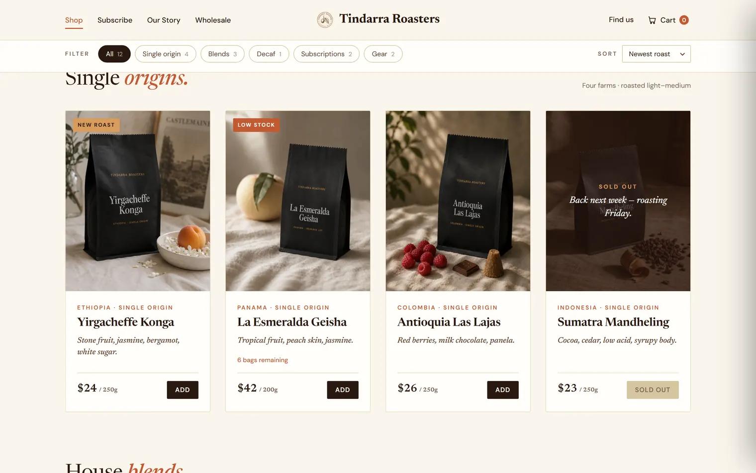 The shop page: a grid of coffee bags with new roast, low stock and sold out badges