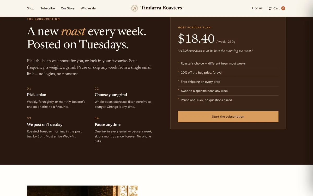 The subscription section: four numbered steps beside a weekly plan priced at $18.40